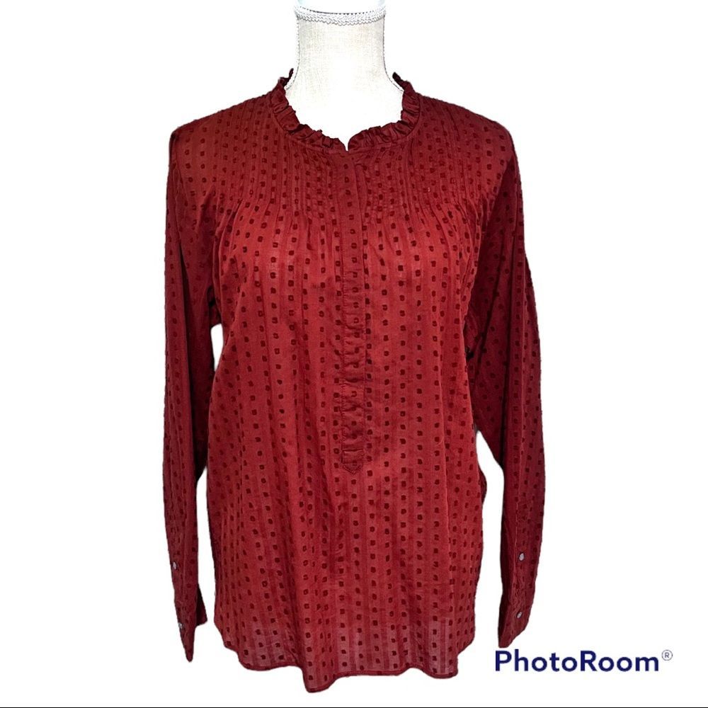 J.Crew Point Sur ruffle clip dot top deep redwood